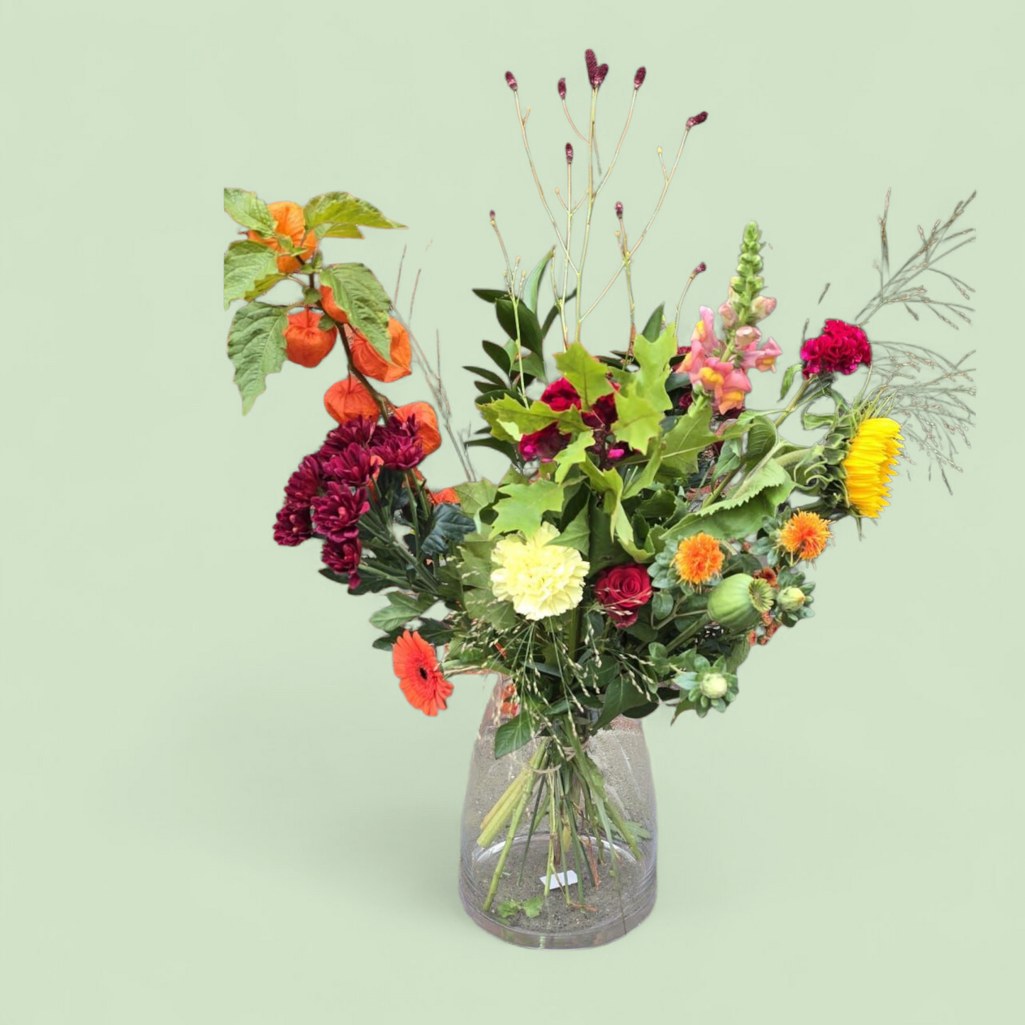 Herfst plukboeket “Zonnige Herfstpluk” – geel, oranje & rood met zonnebloem