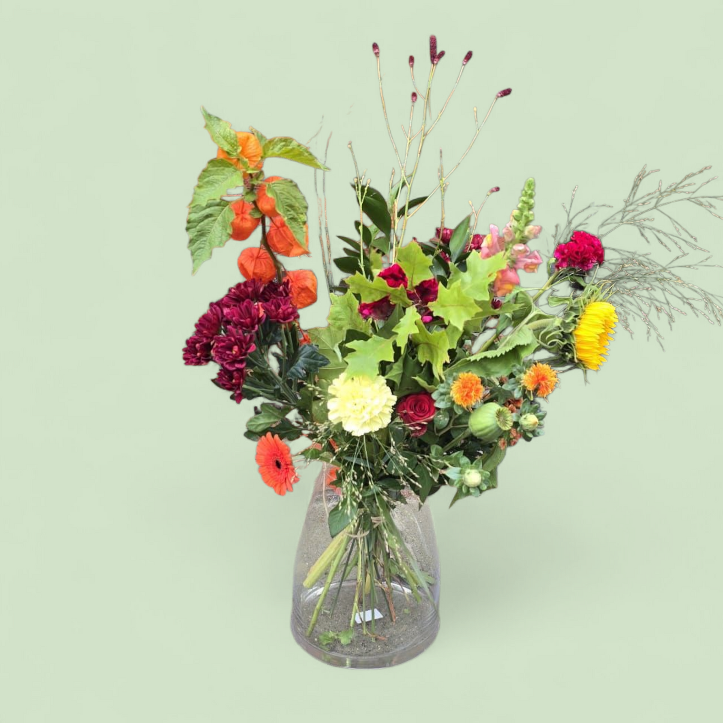 Herfst plukboeket “Zonnige Herfstpluk” – geel, oranje & rood met zonnebloem